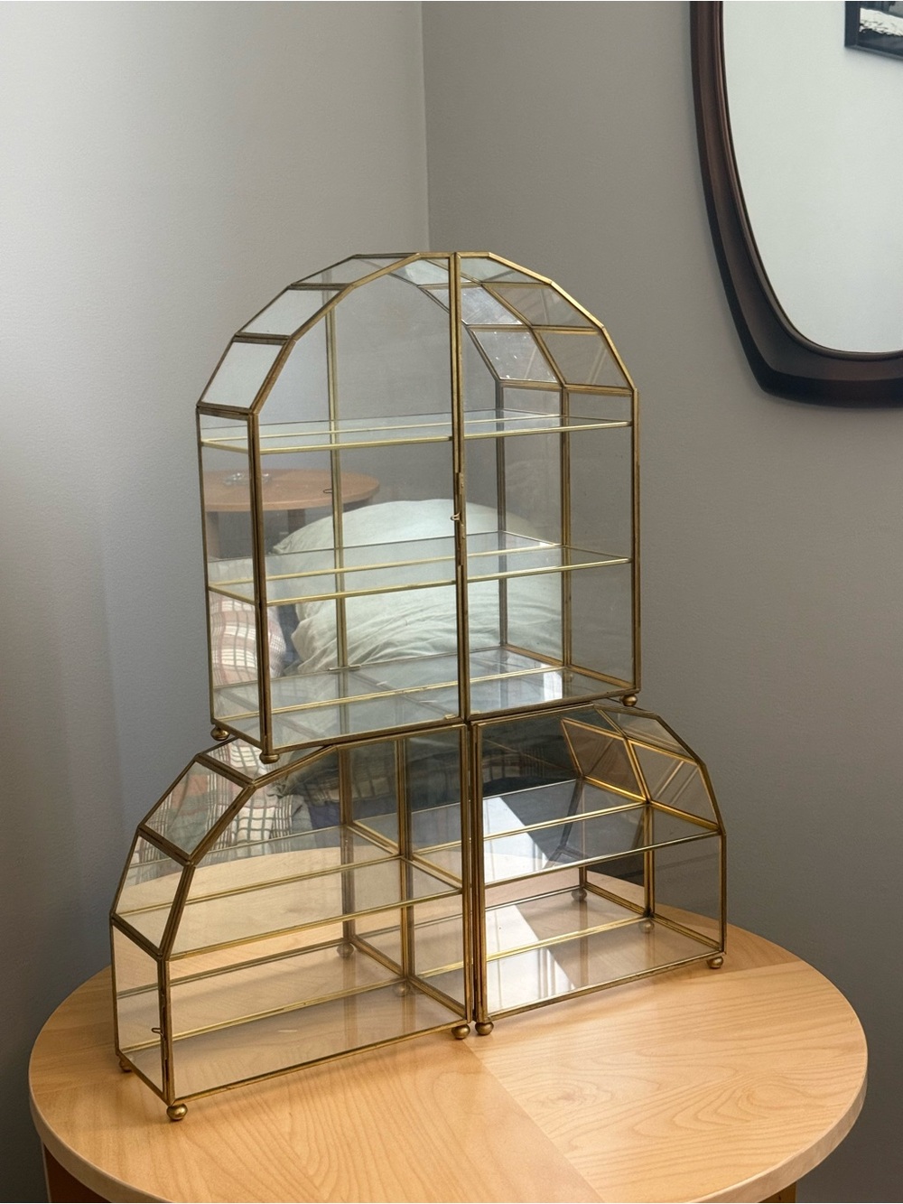 Set of 3 Vintage c1980's Arch Glass Brass Hanging Wall Trinket Curio Cabinets